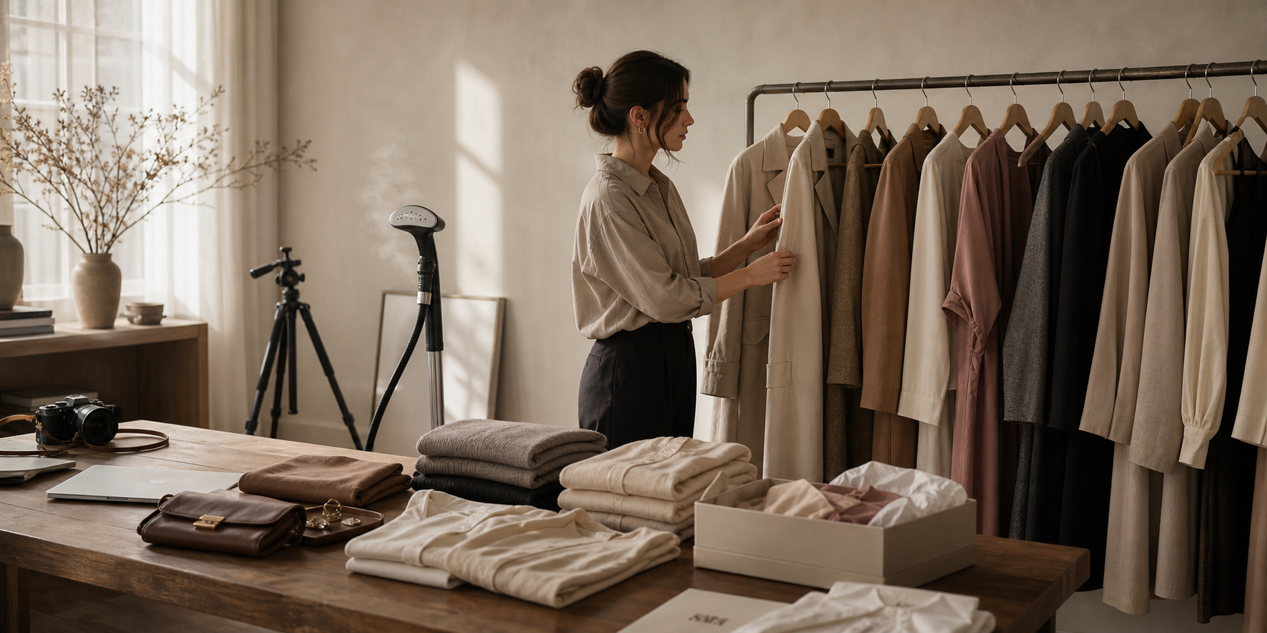 Morning light in the Preloved studio with a rolling rail of coats