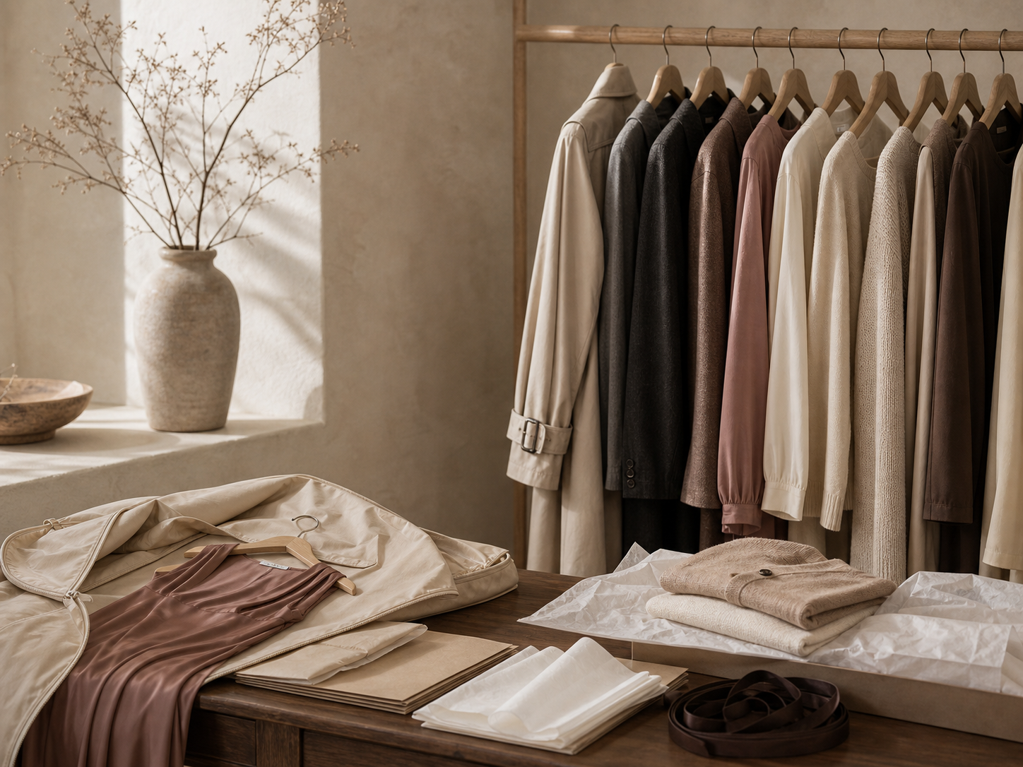 Studio corner with neatly hung consignment pieces