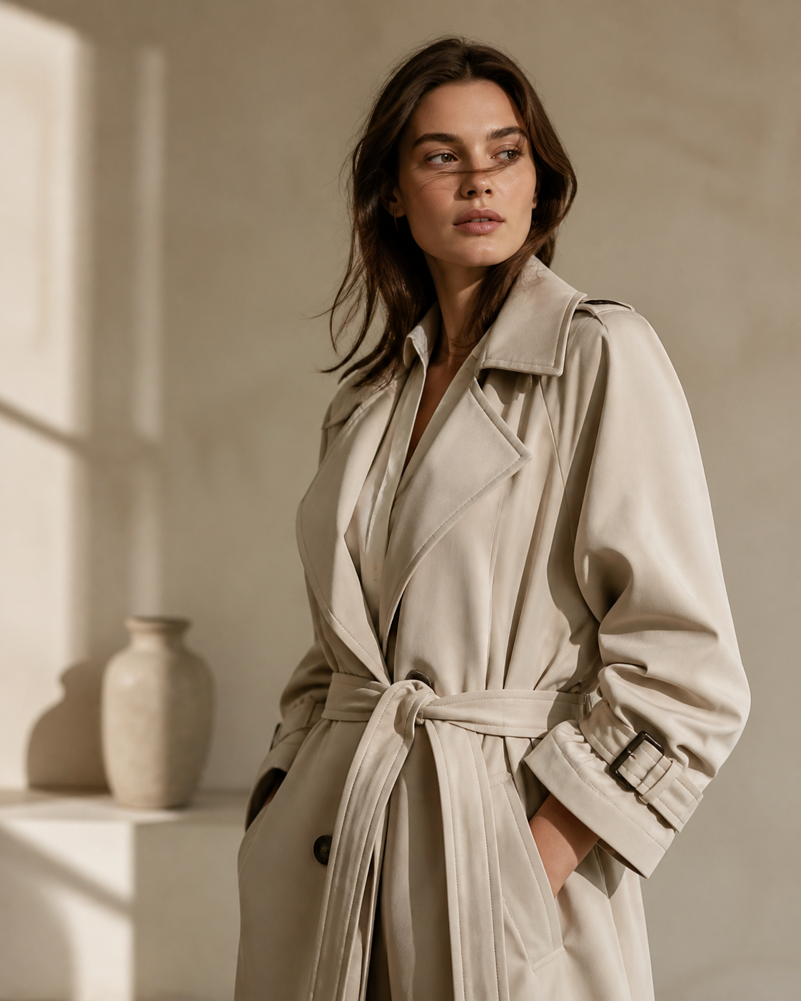 Cream trench coat photographed in soft daylight
