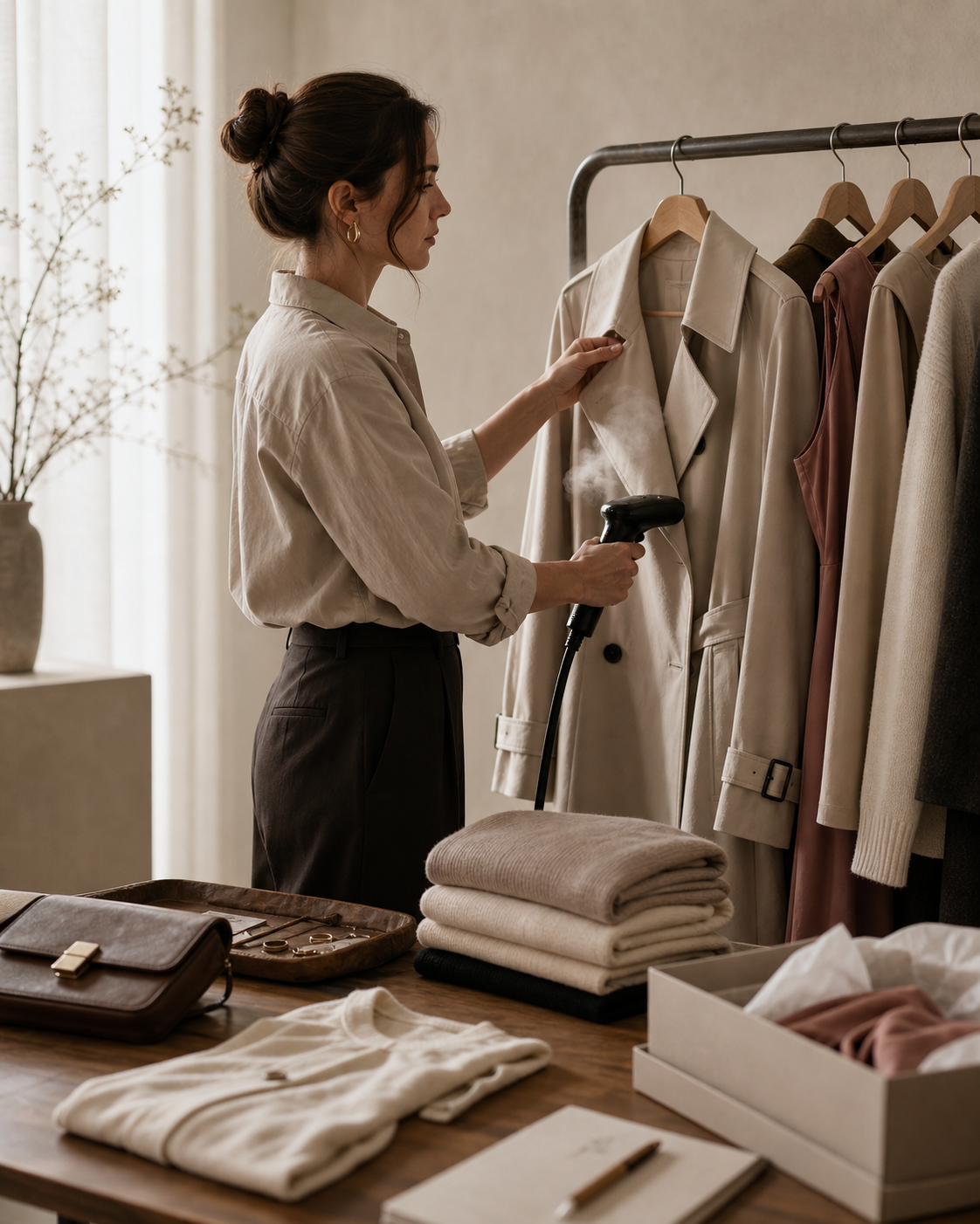 Studio curator inspecting preloved garments